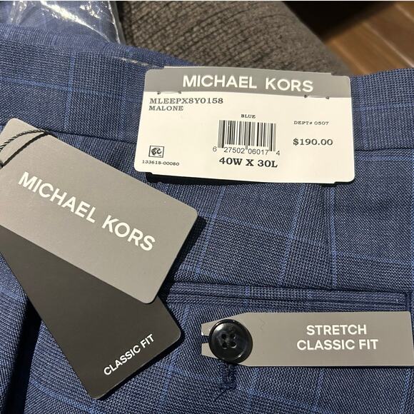 NWT Michael Kors Malone Plaid Classic Fit Stretch Dress Pants, Blue, 40W x 30L - Picture 6 of 9
